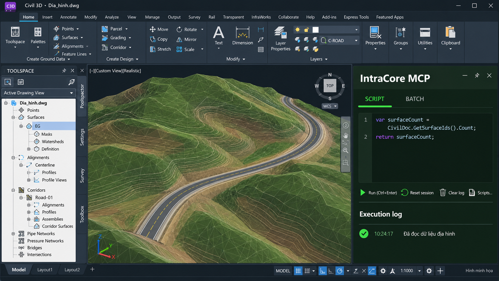 Civil 3D — địa hình và tuyến đường, hình minh họa