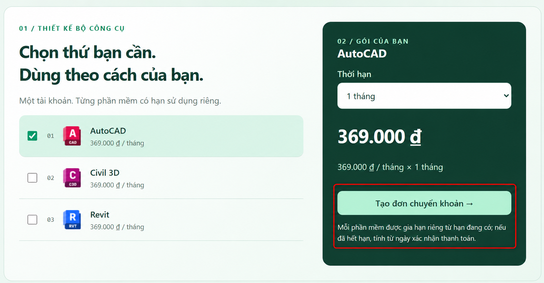 Chọn thời hạn và tạo đơn chuyển khoản