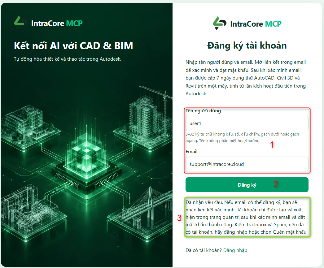 Biểu mẫu đăng ký tài khoản IntraCore MCP